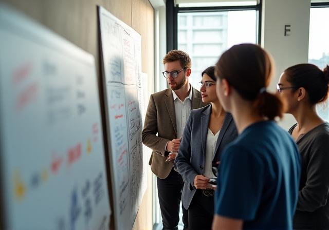 Diverse group of professionals collaborating in a modern workshop setting
