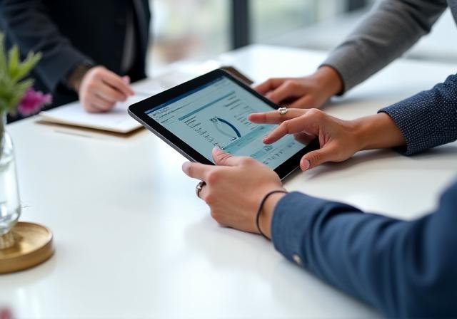 Close up of professional hands using a tablet displaying business analytics